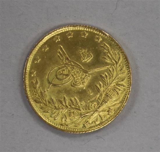 A Turkish 100 Kurush gold coin, 1912, 7.2g